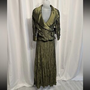 Vintage Victor Costa Women's Green Floral Crinkle Jacket & Skirt Set Size 6 NWT